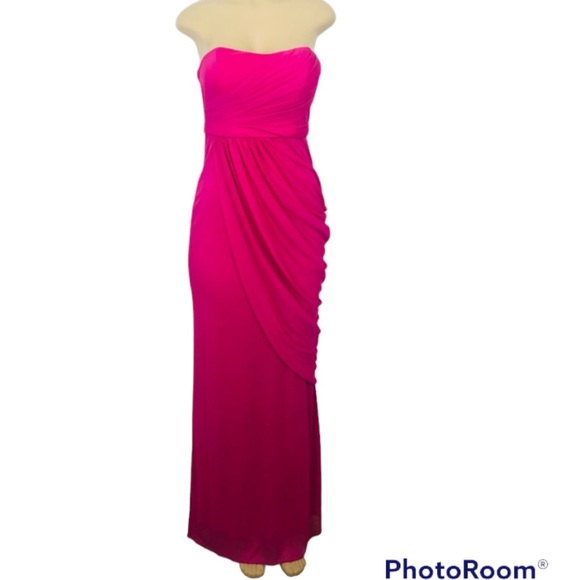 DAVID’S BRIDAL Extra Long Strapless Mesh Dress with Side Draping Fuchsia… - Picture 2 of 7